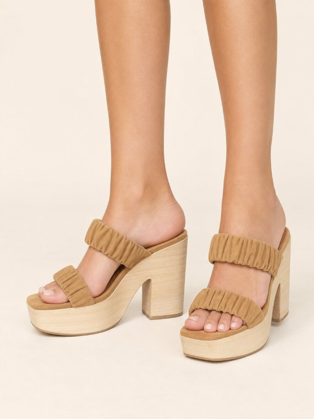 STAUD Frankie Tan Suede Ruched Platform Sandals EU 39 / US 8
